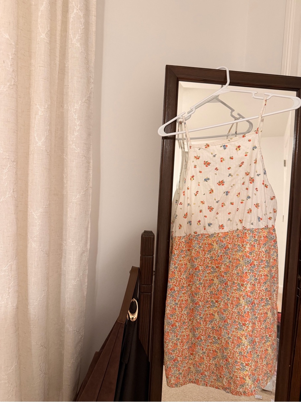American Eagle Outfitters Cream Floral Mini Dress with Orange and Blue Accents